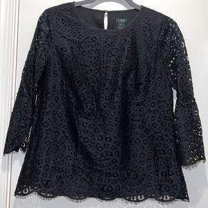 J Crew Black Lace Blouse 3/4 Sleeve Eyelash Lace hem Sleeve Keyhole Back 2